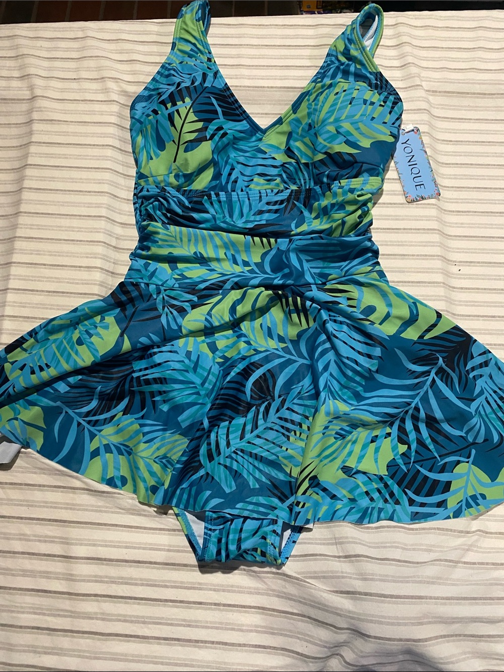 Vonique Blue-Green Tropical Leaf One-Piece Swimdress